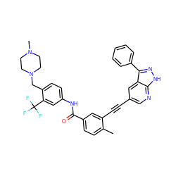 Cc1ccc(C(=O)Nc2ccc(CN3CCN(C)CC3)c(C(F)(F)F)c2)cc1C#Cc1cnc2[nH]nc(-c3ccccc3)c2c1 ZINC000095597554