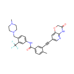 Cc1ccc(C(=O)Nc2ccc(CN3CCN(C)CC3)c(C(F)(F)F)c2)cc1C#Cc1cnc2c(c1)OCC(=O)N2 ZINC000053312531