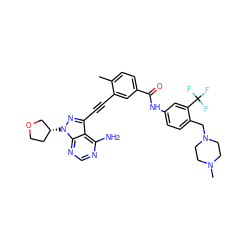 Cc1ccc(C(=O)Nc2ccc(CN3CCN(C)CC3)c(C(F)(F)F)c2)cc1C#Cc1nn([C@@H]2CCOC2)c2ncnc(N)c12 ZINC000299850133