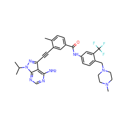 Cc1ccc(C(=O)Nc2ccc(CN3CCN(C)CC3)c(C(F)(F)F)c2)cc1C#Cc1nn(C(C)C)c2ncnc(N)c12 ZINC000299852946