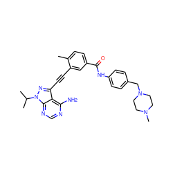 Cc1ccc(C(=O)Nc2ccc(CN3CCN(C)CC3)cc2)cc1C#Cc1nn(C(C)C)c2ncnc(N)c12 ZINC000299851664