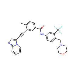 Cc1ccc(C(=O)Nc2ccc(CN3CCOCC3)c(C(F)(F)F)c2)cc1C#Cc1cnc2ccccn12 ZINC000053226526