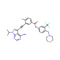 Cc1ccc(C(=O)Nc2ccc(CN3CCOCC3)c(C(F)(F)F)c2)cc1C#Cc1nn(C(C)C)c2ncnc(N)c12 ZINC000299852394