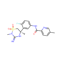 Cc1ccc(C(=O)Nc2ccc(F)c([C@]3(C)CS(=O)(=O)N(C)C(=N)N3)c2)nc1 ZINC000144542352