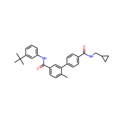 Cc1ccc(C(=O)Nc2cccc(C(C)(C)C)c2)cc1-c1ccc(C(=O)NCC2CC2)cc1 ZINC000040918620