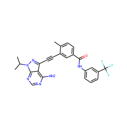 Cc1ccc(C(=O)Nc2cccc(C(F)(F)F)c2)cc1C#Cc1nn(C(C)C)c2ncnc(N)c12 ZINC000299851678