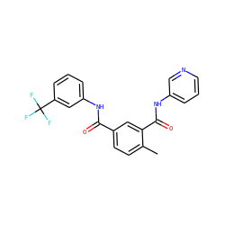 Cc1ccc(C(=O)Nc2cccc(C(F)(F)F)c2)cc1C(=O)Nc1cccnc1 ZINC000040891624