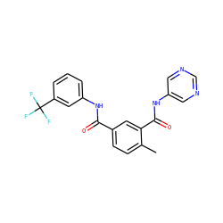 Cc1ccc(C(=O)Nc2cccc(C(F)(F)F)c2)cc1C(=O)Nc1cncnc1 ZINC000040394287