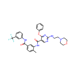 Cc1ccc(C(=O)Nc2cccc(C(F)(F)F)c2)cc1NC(=O)c1cnc(NCCN2CCOCC2)nc1Oc1ccccc1 ZINC000029127961