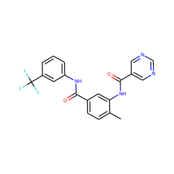 Cc1ccc(C(=O)Nc2cccc(C(F)(F)F)c2)cc1NC(=O)c1cncnc1 ZINC000040891623