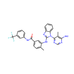 Cc1ccc(C(=O)Nc2cccc(C(F)(F)F)c2)cc1Nc1nc2ccccc2n1-c1ncnc(N)c1C ZINC000049089315