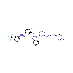 Cc1ccc(C(=O)Nc2cccc(C(F)(F)F)c2)cc1Nc1nc2ccccc2n1-c1ncnc(NCCCN2CCN(C)CC2)n1 ZINC000049775200