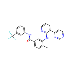 Cc1ccc(C(=O)Nc2cccc(C(F)(F)F)c2)cc1Nc1ncccc1-c1ccncn1 ZINC000014957195