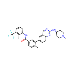 Cc1ccc(C(=O)Nc2cccc(C(F)(F)F)c2C)cc1-c1ccc2nc(NC3CCN(C)CC3)ncc2c1 ZINC000036758590