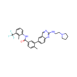 Cc1ccc(C(=O)Nc2cccc(C(F)(F)F)c2C)cc1-c1ccc2nc(NCCN3CCCC3)ncc2c1 ZINC000036758592