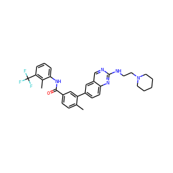 Cc1ccc(C(=O)Nc2cccc(C(F)(F)F)c2C)cc1-c1ccc2nc(NCCN3CCCCC3)ncc2c1 ZINC000036758594