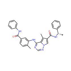 Cc1ccc(C(=O)Nc2ccccc2)cc1Nc1ncnn2cc(C(=O)N[C@@H](C)c3ccccc3)c(C)c12 ZINC000064415793