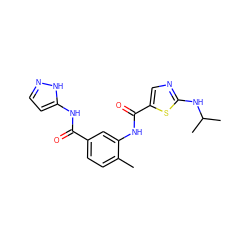 Cc1ccc(C(=O)Nc2ccn[nH]2)cc1NC(=O)c1cnc(NC(C)C)s1 ZINC000029041414