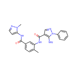 Cc1ccc(C(=O)Nc2ccnn2C)cc1NC(=O)c1cnn(-c2ccccc2)c1N ZINC000064550028