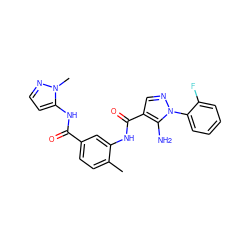 Cc1ccc(C(=O)Nc2ccnn2C)cc1NC(=O)c1cnn(-c2ccccc2F)c1N ZINC000064560260