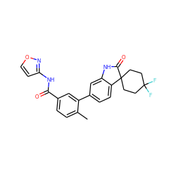 Cc1ccc(C(=O)Nc2ccon2)cc1-c1ccc2c(c1)NC(=O)C21CCC(F)(F)CC1 ZINC000072142831