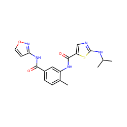 Cc1ccc(C(=O)Nc2ccon2)cc1NC(=O)c1cnc(NC(C)C)s1 ZINC000029041424