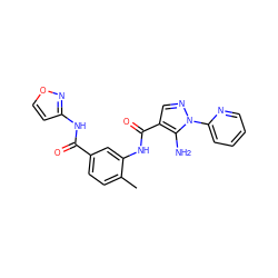 Cc1ccc(C(=O)Nc2ccon2)cc1NC(=O)c1cnn(-c2ccccn2)c1N ZINC000064560554