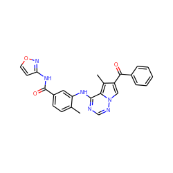 Cc1ccc(C(=O)Nc2ccon2)cc1Nc1ncnn2cc(C(=O)c3ccccc3)c(C)c12 ZINC000038733912