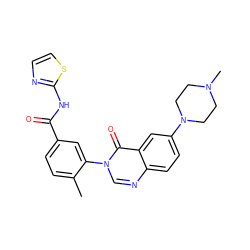 Cc1ccc(C(=O)Nc2nccs2)cc1-n1cnc2ccc(N3CCN(C)CC3)cc2c1=O ZINC000084653290