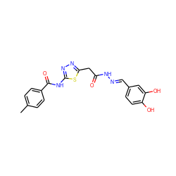 Cc1ccc(C(=O)Nc2nnc(CC(=O)N/N=C/c3ccc(O)c(O)c3)s2)cc1 ZINC000001953669