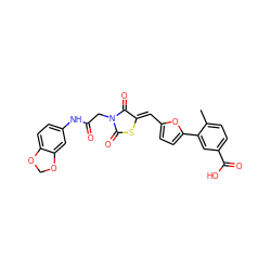 Cc1ccc(C(=O)O)cc1-c1ccc(/C=C2\SC(=O)N(CC(=O)Nc3ccc4c(c3)OCO4)C2=O)o1 ZINC000015985758