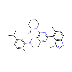 Cc1ccc(C(C)C)cc1N1CCc2nc(-c3c(C)ccc4[nH]nc(C)c34)nc(N3CCCC[C@H]3C)c2C1 ZINC000149153051