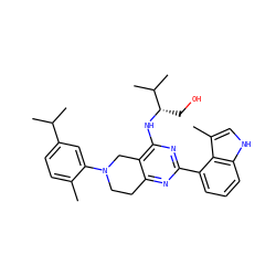 Cc1ccc(C(C)C)cc1N1CCc2nc(-c3cccc4[nH]cc(C)c34)nc(N[C@@H](CO)C(C)C)c2C1 ZINC000146973536