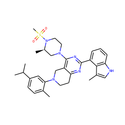 Cc1ccc(C(C)C)cc1N1CCc2nc(-c3cccc4[nH]cc(C)c34)nc(N3CCN(S(C)(=O)=O)[C@H](C)C3)c2C1 ZINC000146949801