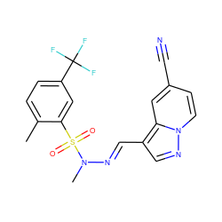 Cc1ccc(C(F)(F)F)cc1S(=O)(=O)N(C)/N=C/c1cnn2ccc(C#N)cc12 ZINC000073199139