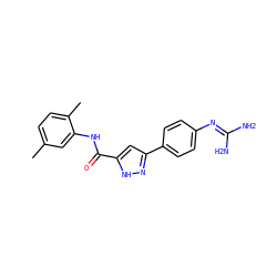 Cc1ccc(C)c(NC(=O)c2cc(-c3ccc(N=C(N)N)cc3)n[nH]2)c1 ZINC000222131466