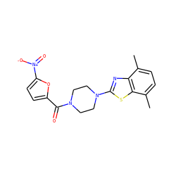 Cc1ccc(C)c2sc(N3CCN(C(=O)c4ccc([N+](=O)[O-])o4)CC3)nc12 ZINC000004583534