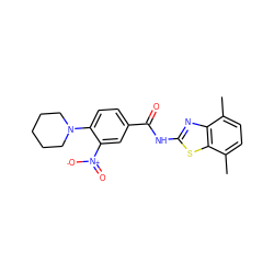 Cc1ccc(C)c2sc(NC(=O)c3ccc(N4CCCCC4)c([N+](=O)[O-])c3)nc12 ZINC000004809606