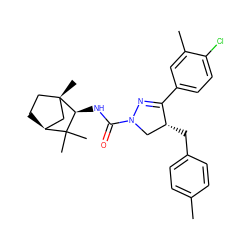 Cc1ccc(C[C@@H]2CN(C(=O)N[C@H]3C(C)(C)[C@H]4CC[C@@]3(C)C4)N=C2c2ccc(Cl)c(C)c2)cc1 ZINC000261166891