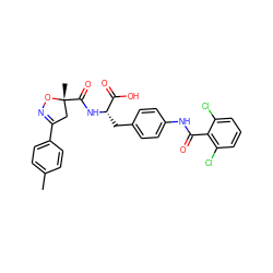 Cc1ccc(C2=NO[C@](C)(C(=O)N[C@@H](Cc3ccc(NC(=O)c4c(Cl)cccc4Cl)cc3)C(=O)O)C2)cc1 ZINC000059630084