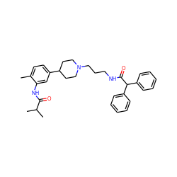 Cc1ccc(C2CCN(CCCNC(=O)C(c3ccccc3)c3ccccc3)CC2)cc1NC(=O)C(C)C ZINC000028710180