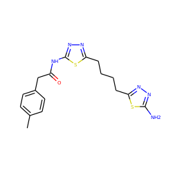 Cc1ccc(CC(=O)Nc2nnc(CCCCc3nnc(N)s3)s2)cc1 ZINC000095573471