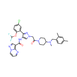 Cc1ccc(CN(C)C2CCN(C(=O)Cn3cc(NC(=O)c4cnn5cccnc45)c(-c4cc(Cl)ccc4OC(F)F)n3)CC2)c(C)c1 ZINC001772629766