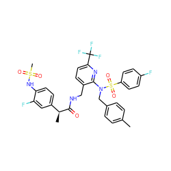 Cc1ccc(CN(c2nc(C(F)(F)F)ccc2CNC(=O)[C@@H](C)c2ccc(NS(C)(=O)=O)c(F)c2)S(=O)(=O)c2ccc(F)cc2)cc1 ZINC000653697140