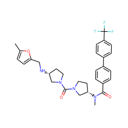 Cc1ccc(CN[C@@H]2CCN(C(=O)N3CC[C@H](N(C)C(=O)c4ccc(-c5ccc(C(F)(F)F)cc5)cc4)C3)C2)o1 ZINC000036351611