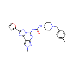 Cc1ccc(CN2CCC(NC(=O)Nc3nc4nn(C)cc4c4nc(-c5ccco5)nn34)CC2)cc1 ZINC000084688714