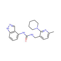 Cc1ccc(CNC(=O)Nc2cccc3[nH]ncc23)c(N2CCCCC2)n1 ZINC000049047922