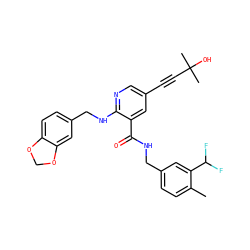 Cc1ccc(CNC(=O)c2cc(C#CC(C)(C)O)cnc2NCc2ccc3c(c2)OCO3)cc1C(F)F ZINC000474609627