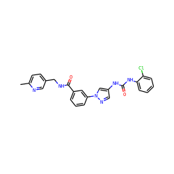 Cc1ccc(CNC(=O)c2cccc(-n3cc(NC(=O)Nc4ccccc4Cl)cn3)c2)cn1 ZINC000299837654