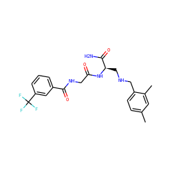 Cc1ccc(CNC[C@@H](NC(=O)CNC(=O)c2cccc(C(F)(F)F)c2)C(N)=O)c(C)c1 ZINC000028952300